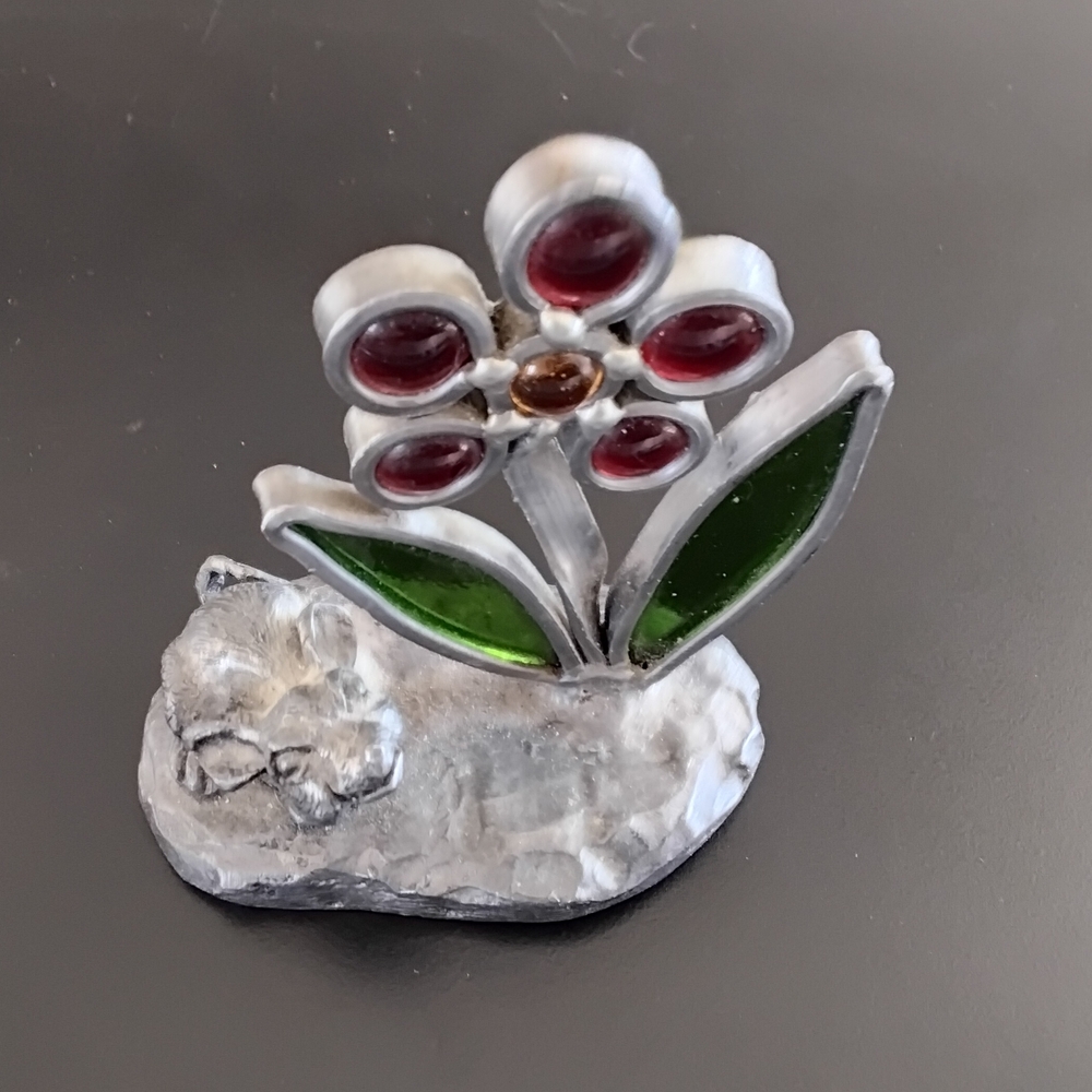 Old English Pewter Stained Glass Flower & Mouse Figurine Paperweight.